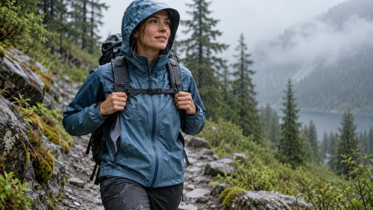 Hiker wearing a waterproof rain jacket and backpack on a wet mountain trail