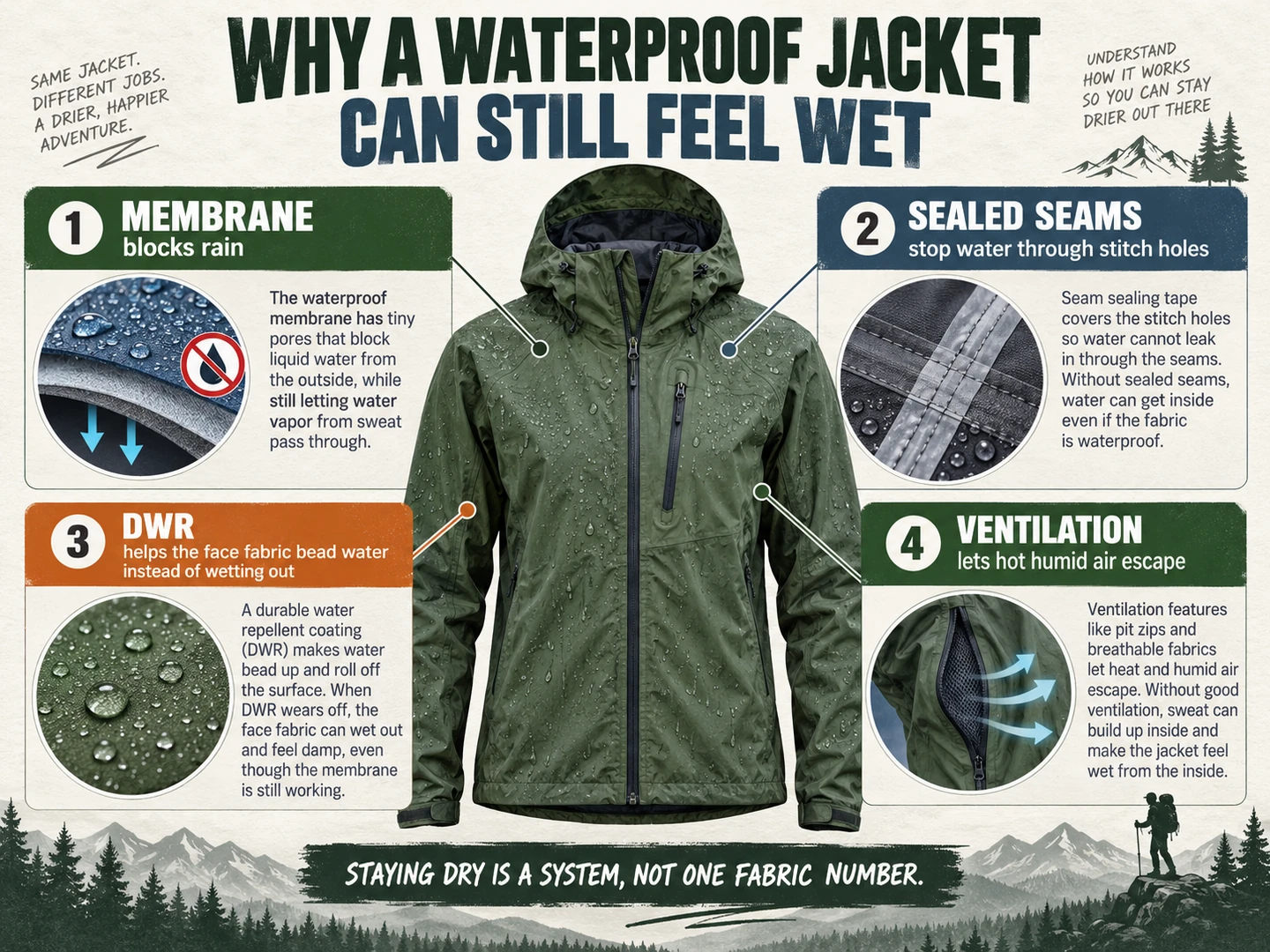 Diagram showing membrane, seam sealing, DWR and ventilation as parts of a hiking rain jacket system