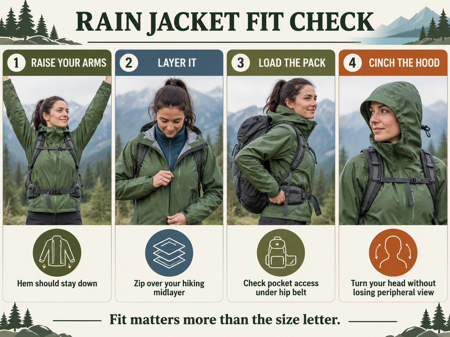 Four-step women's hiking rain jacket fit check with layers and backpack