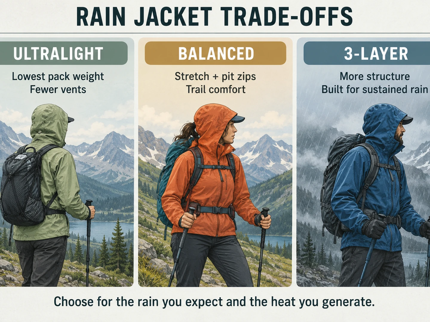 Ultralight, balanced and 3-layer hiking rain jacket trade-offs compared