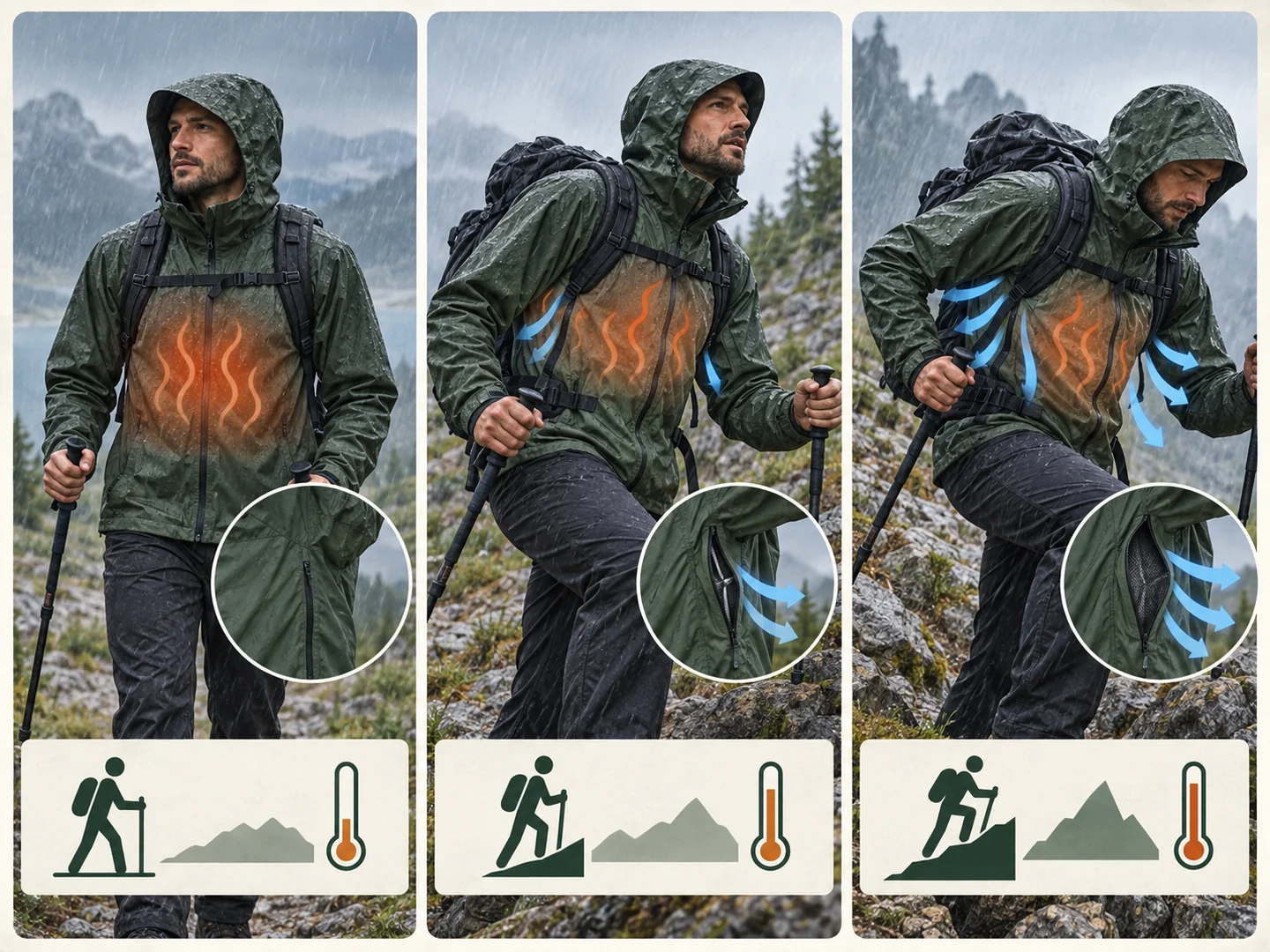 Three hiking effort levels showing increasing heat buildup and rain jacket venting