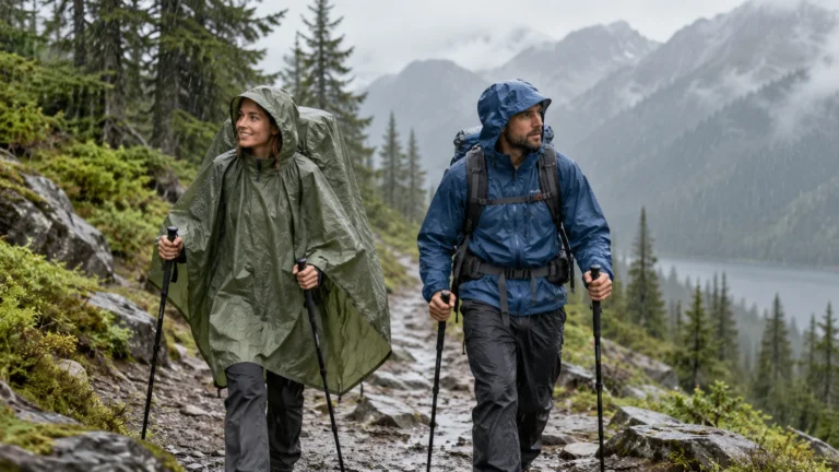 Two backpackers hiking in rain, one wearing a poncho and one wearing a rain jacket