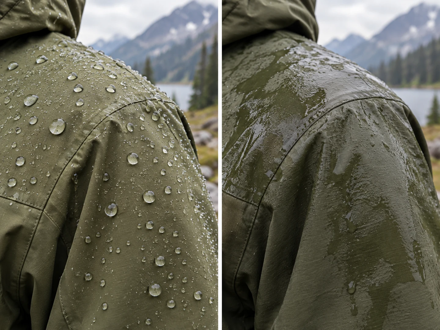 Rain jacket fabric with healthy water beading compared with saturated wet-out fabric