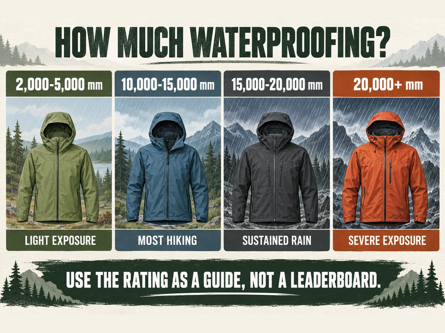 Hiking rain jacket waterproof rating guide from light showers to sustained storms