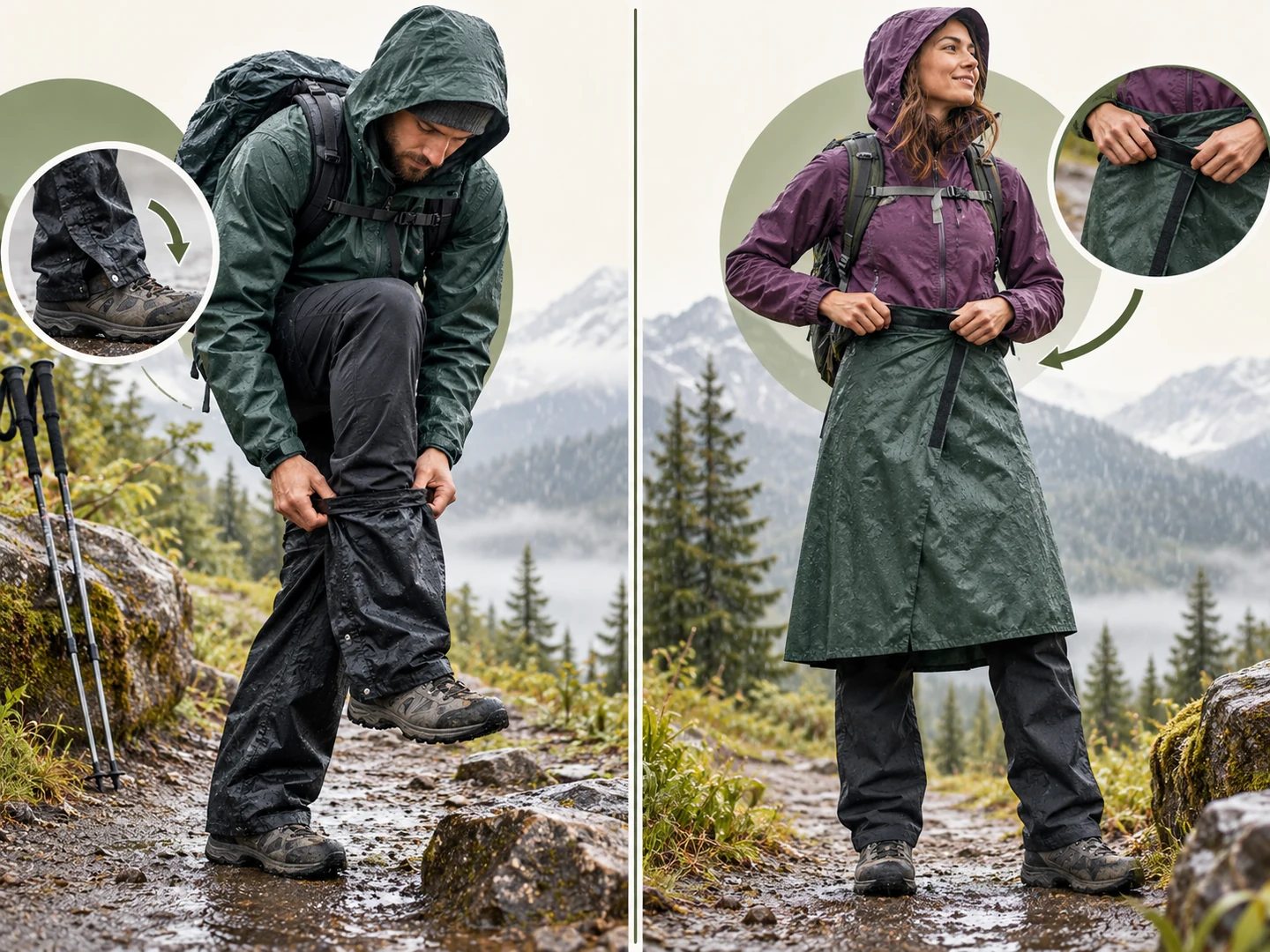 Hiker pulling rain pants over boots compared with a hiker wrapping on a rain skirt