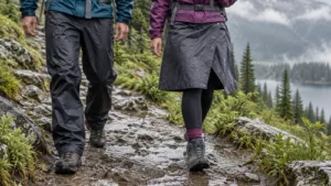 Two hikers on a wet mountain trail, one wearing rain pants and one wearing a rain skirt