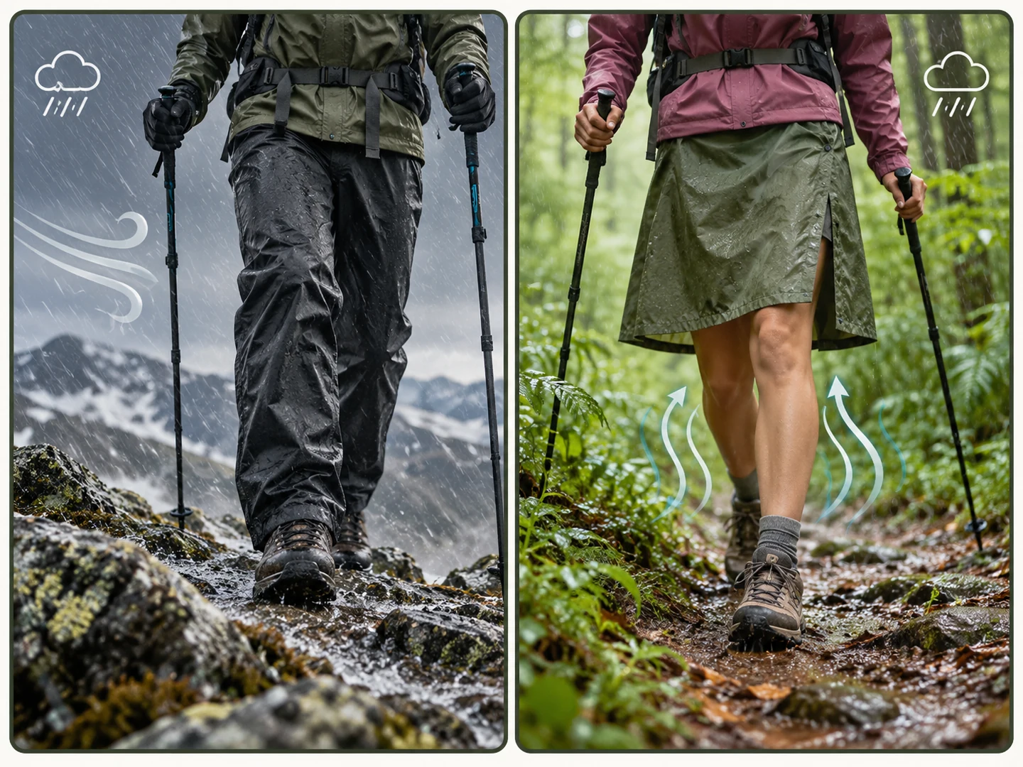 Rain pants in cold windy mountain rain compared with a rain skirt on a warm humid forest trail