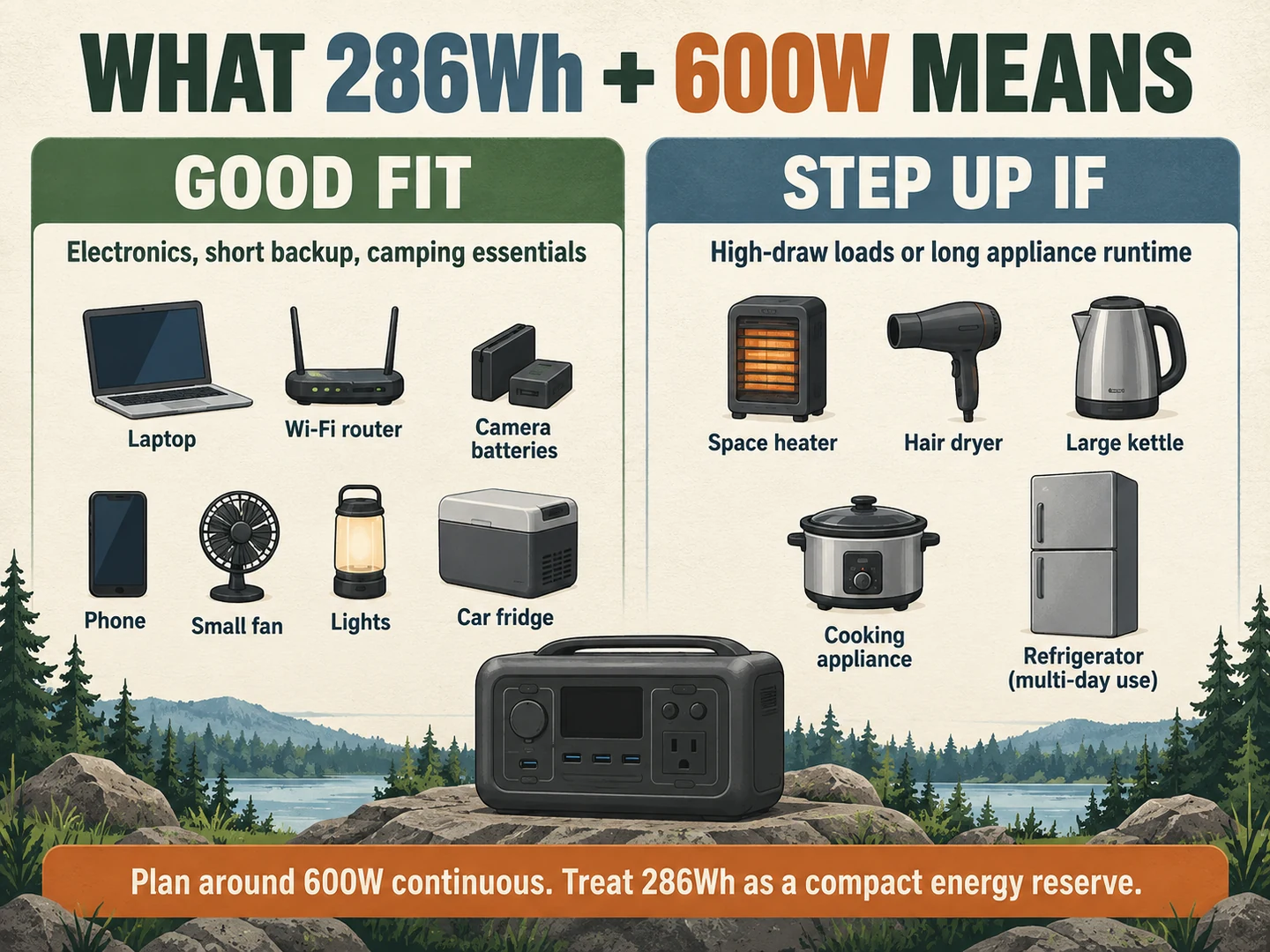 Good-fit and step-up use cases for a 286Wh portable power station with 600W continuous AC output