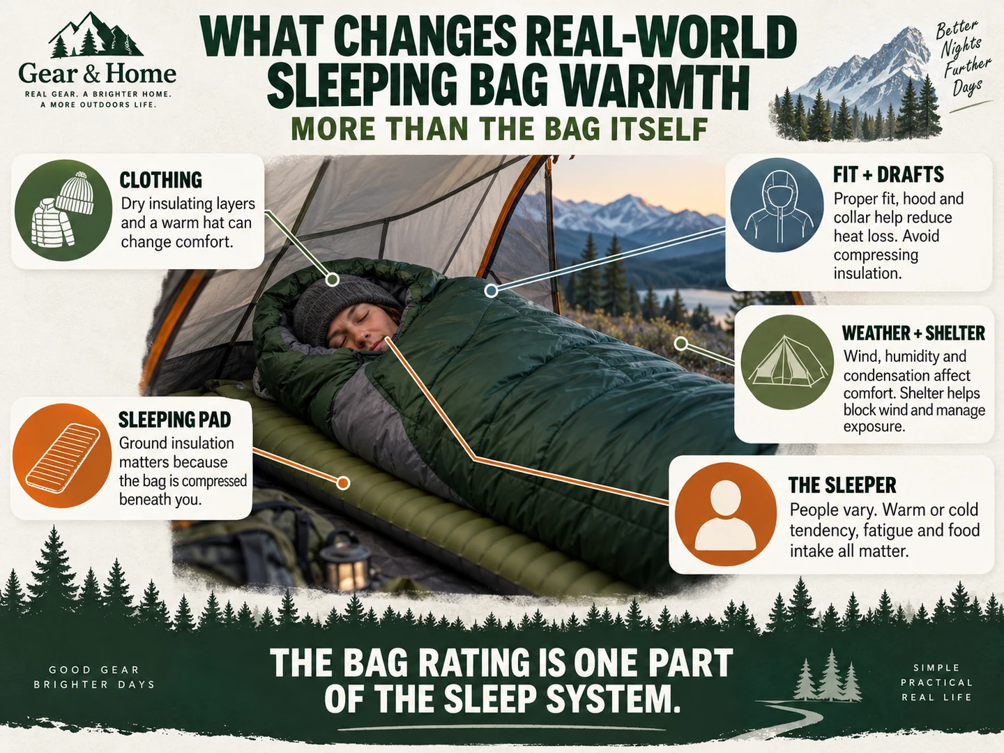 Diagram showing sleeping bag, sleeping pad, clothing, shelter and sleeper factors that affect nighttime warmth