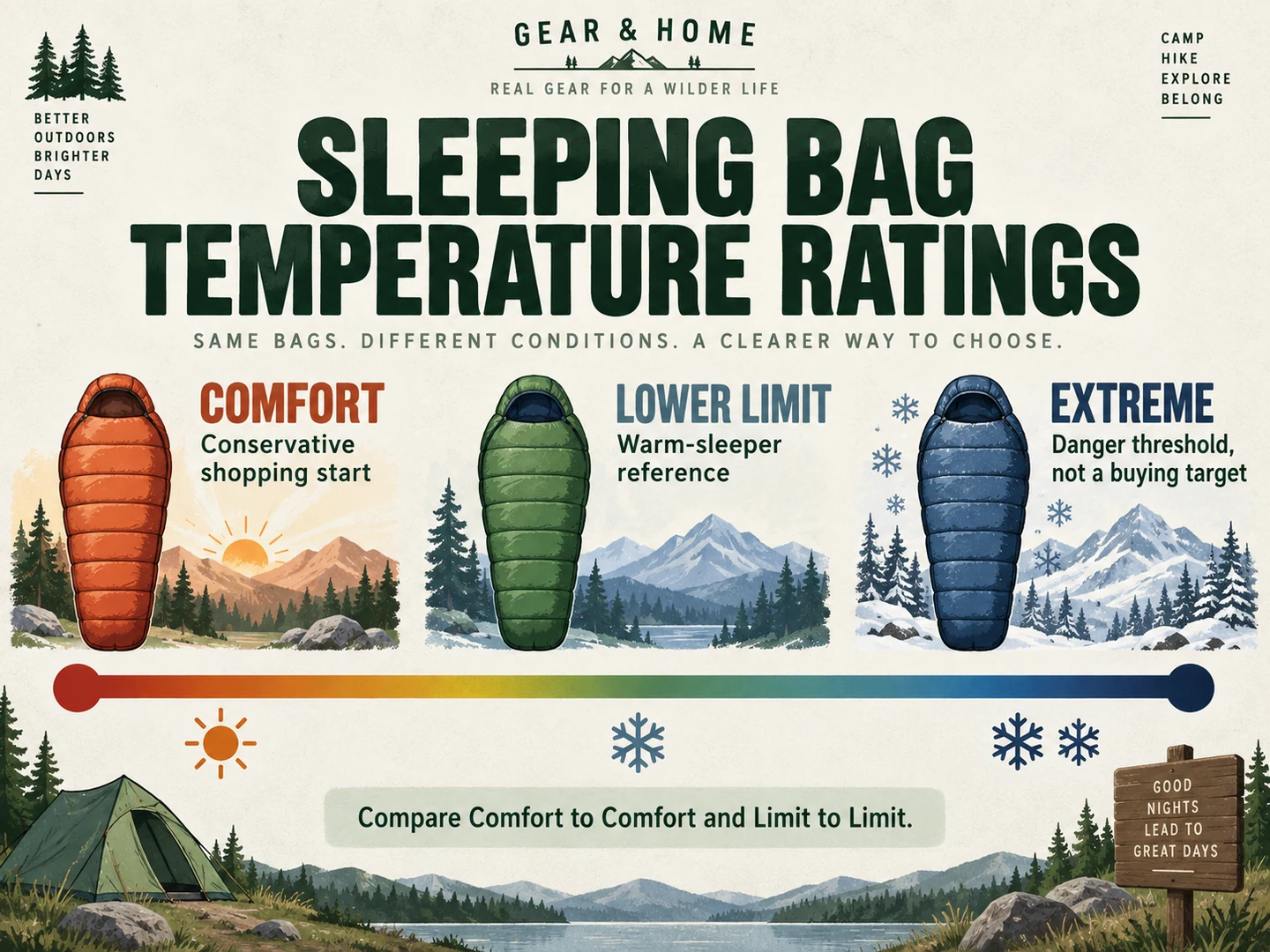 Sleeping bag temperature scale comparing Comfort, Lower Limit and Extreme ratings
