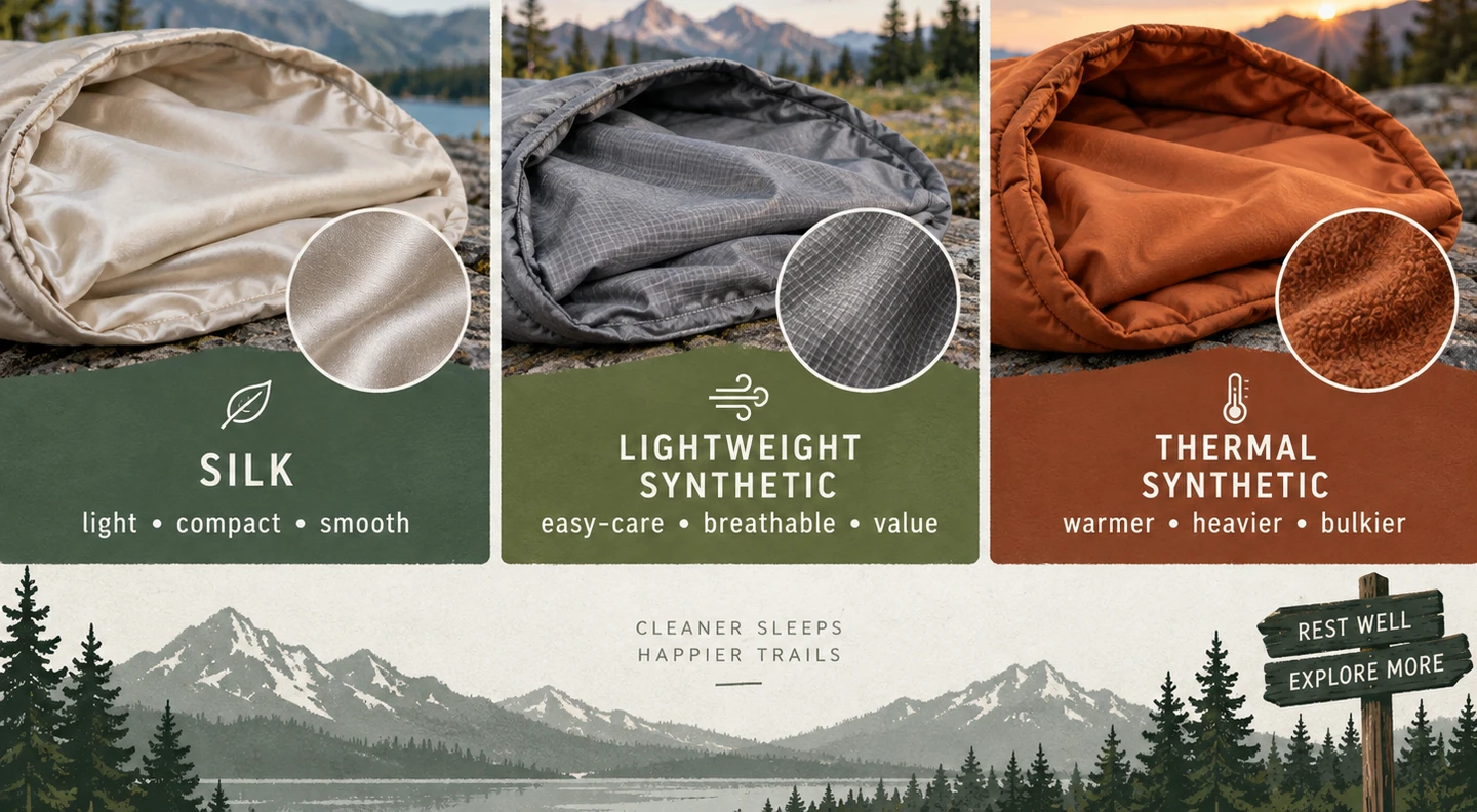 Sleeping bag liner material comparison showing silk, lightweight synthetic and thermal synthetic options