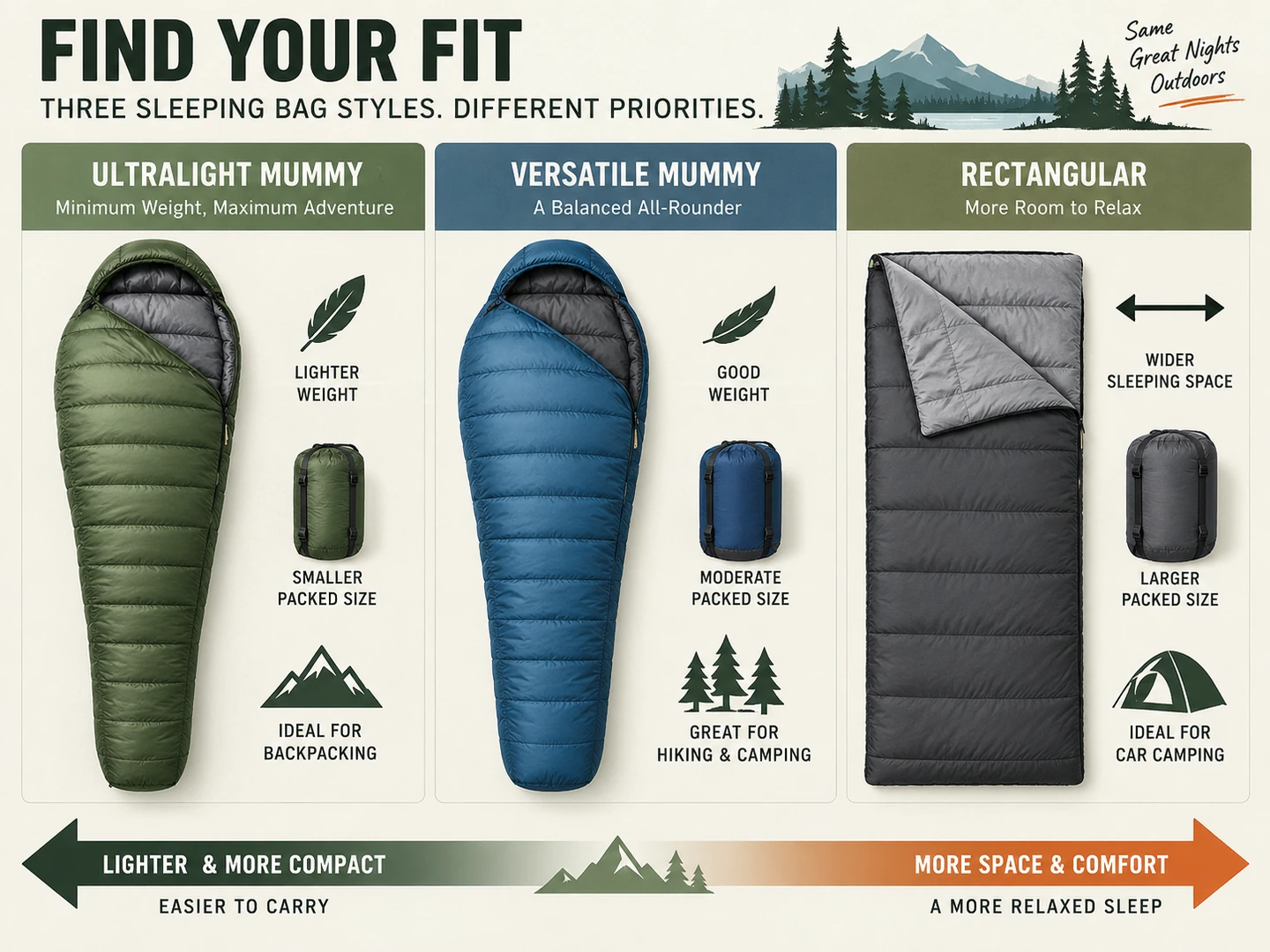 Sleeping bag shapes compared from lighter mummy bags to roomier rectangular car-camping bags