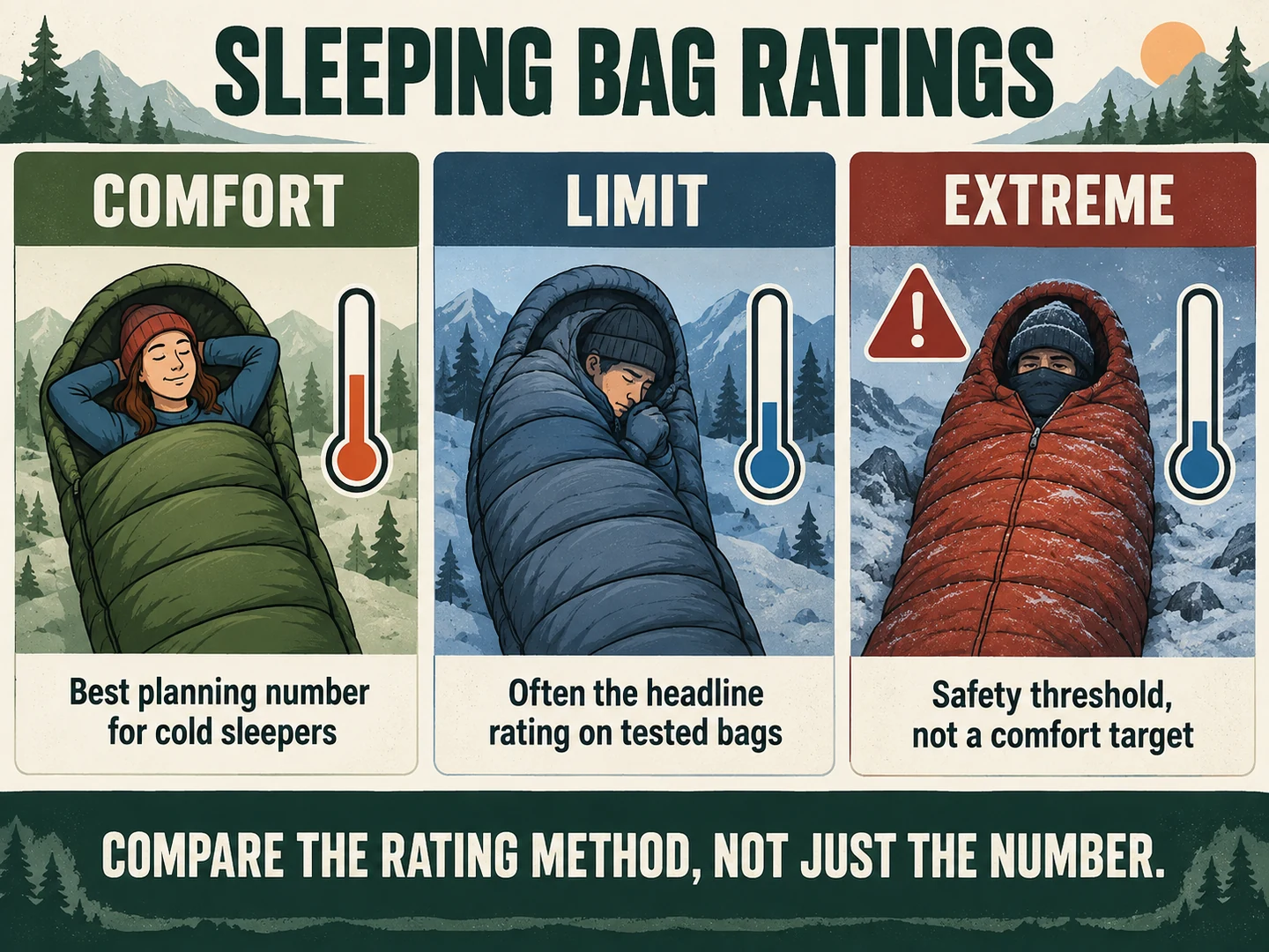 Illustrated guide comparing sleeping bag comfort, limit and extreme temperature rating concepts