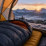 Backpacking sleeping bag inside a tent during a cold mountain morning
