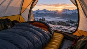 Backpacking sleeping bag inside a tent during a cold mountain morning