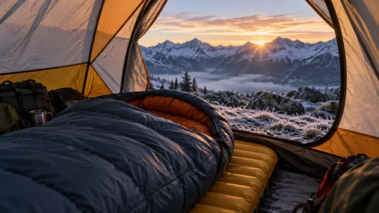 Backpacking sleeping bag inside a tent during a cold mountain morning