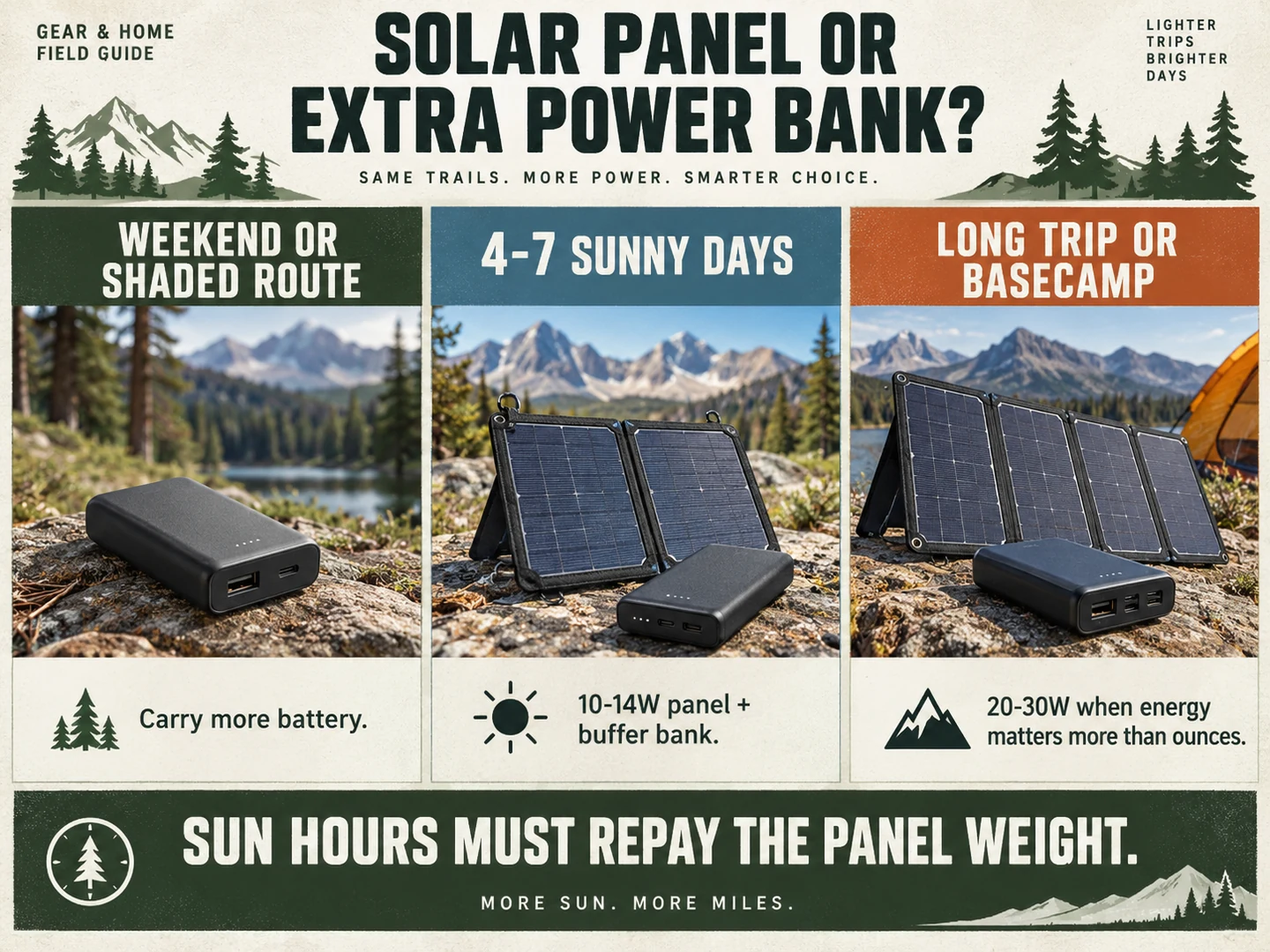 Decision guide comparing an extra power bank, a 10 to 14 watt solar panel, and a 20 to 30 watt panel for backpacking trips