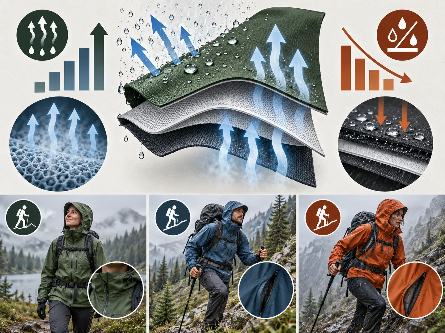 Waterproof breathable jacket fabric layers showing rain protection, vapor transfer and ventilation
