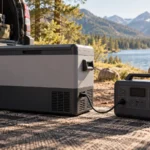 12V camping fridge connected to a portable power station at a lakeside campsite