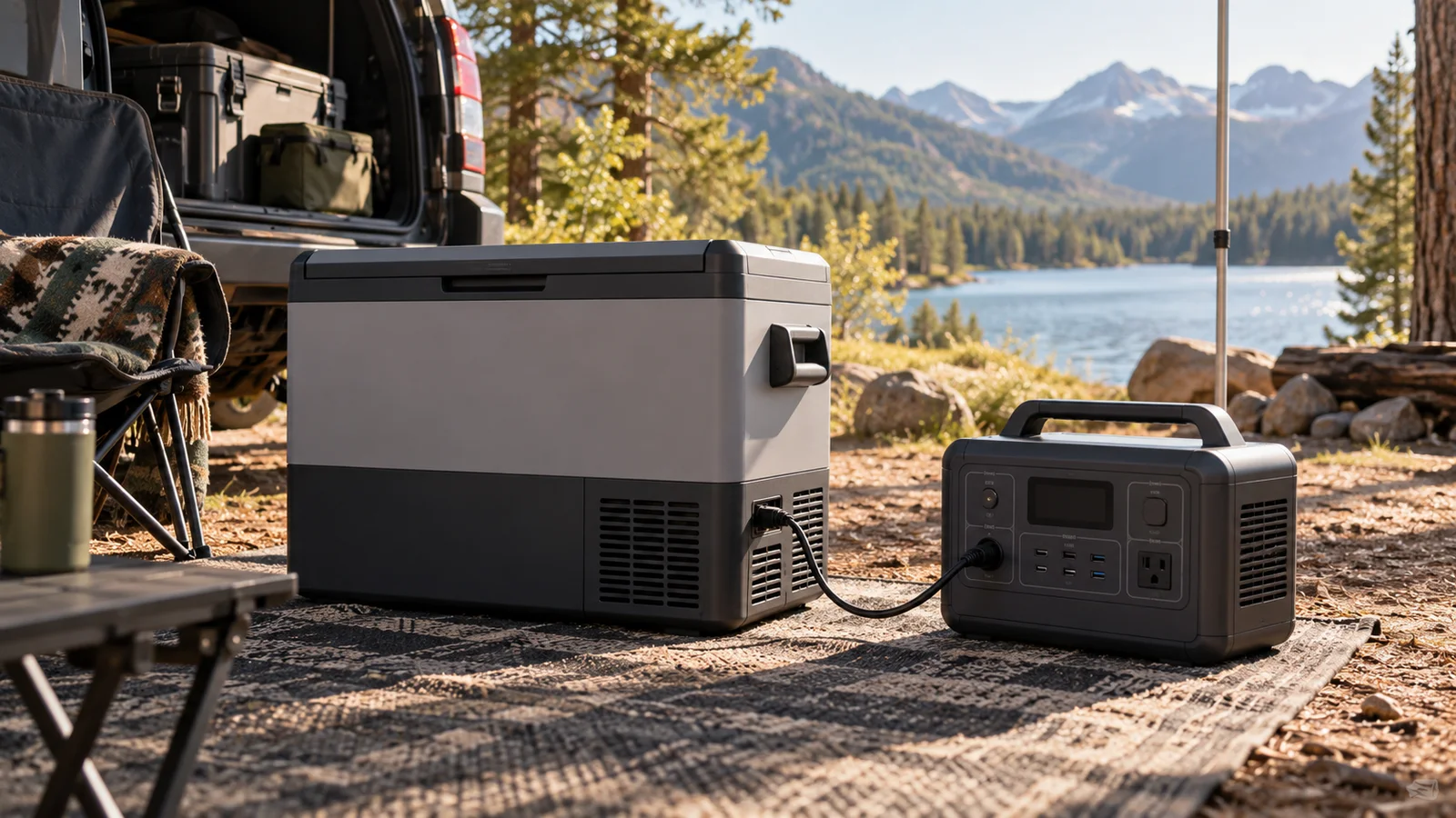 12V camping fridge connected to a portable power station at a lakeside campsite