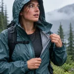 Hiker opening a rain jacket on a wet mountain trail to manage moisture inside the shell