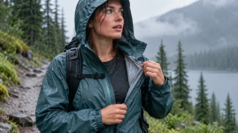 Hiker opening a rain jacket on a wet mountain trail to manage moisture inside the shell